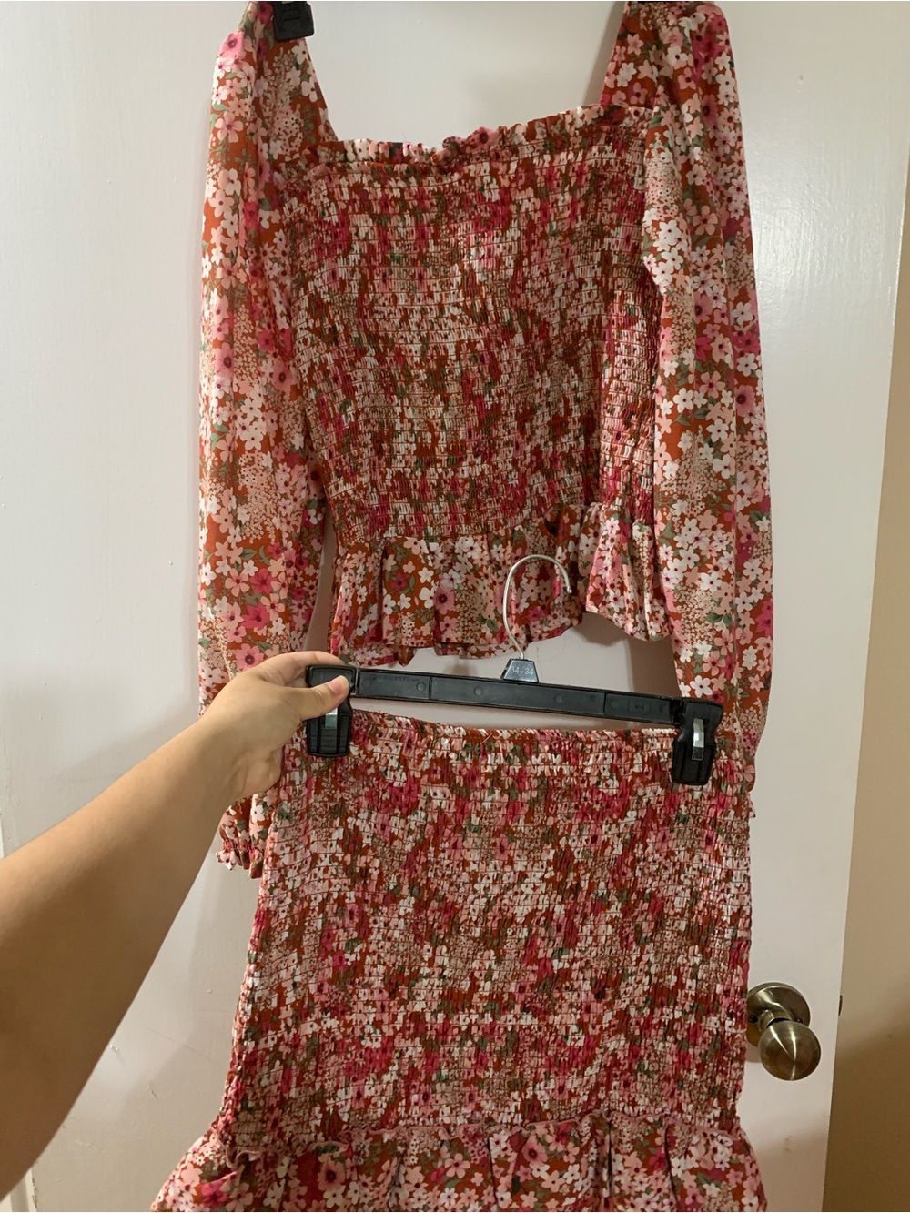 Crystal Doll Pink Floral Smocked Long Sleeve Two-Piece Set